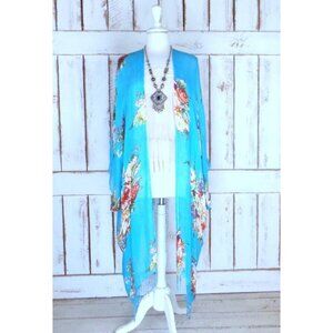 Gauzy blue floral print handmade kimono cardigan cover up